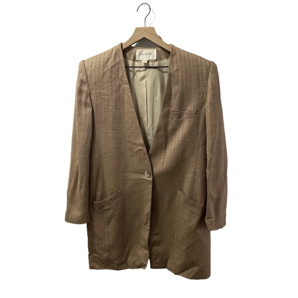 Vintage Christian Dior 1980s Tweed Blazer Classic Tailored Pockets Size 14